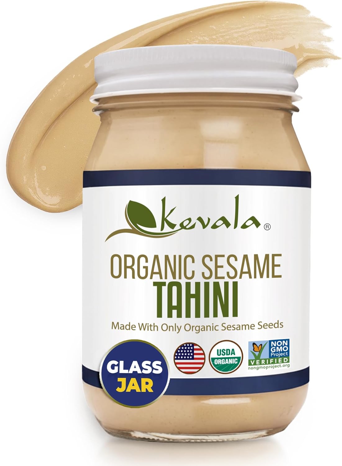 Kevala Organic Sesame Tahini – USDA Organic, Non‑GMO Project Verified & Kosher Certified | Smooth Hulled Sesame Paste in Glass Jar for Spreads, Sauces & Cooking | 16 oz