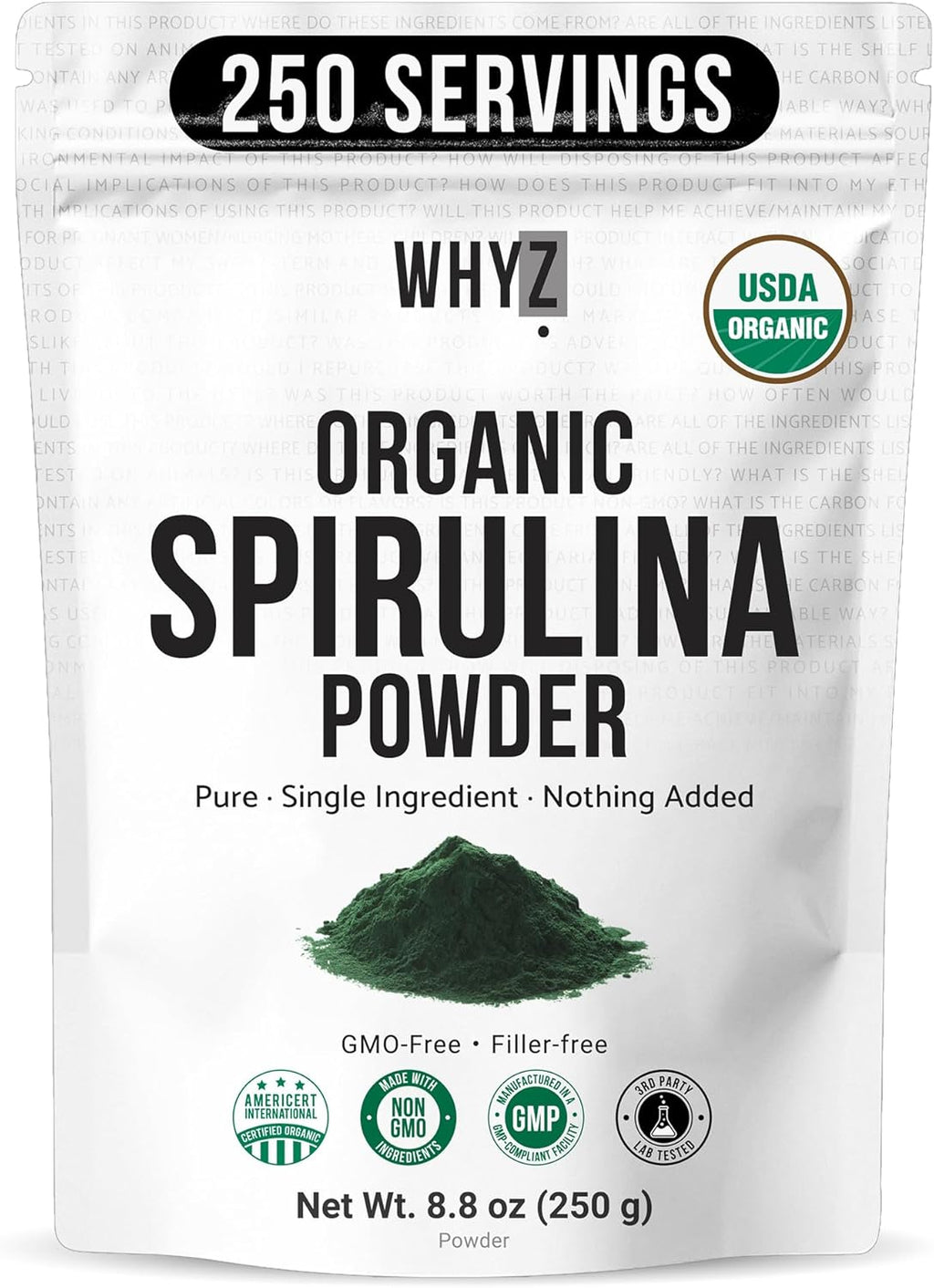 WHYZ Organic Spirulina Powder, 250g, Protein-Rich Spirulina Supplement, Organic Superfood for Immune Support, Green Spirulina Powder Organic Non GMO for Smoothies & Recipes (8.8 oz)