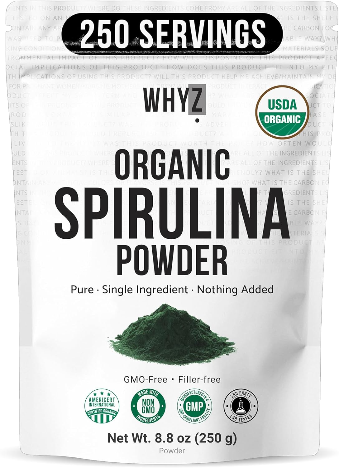 WHYZ Organic Spirulina Powder, 250g, Protein-Rich Spirulina Supplement, Organic Superfood for Immune Support, Green Spirulina Powder Organic Non GMO for Smoothies & Recipes (8.8 oz)