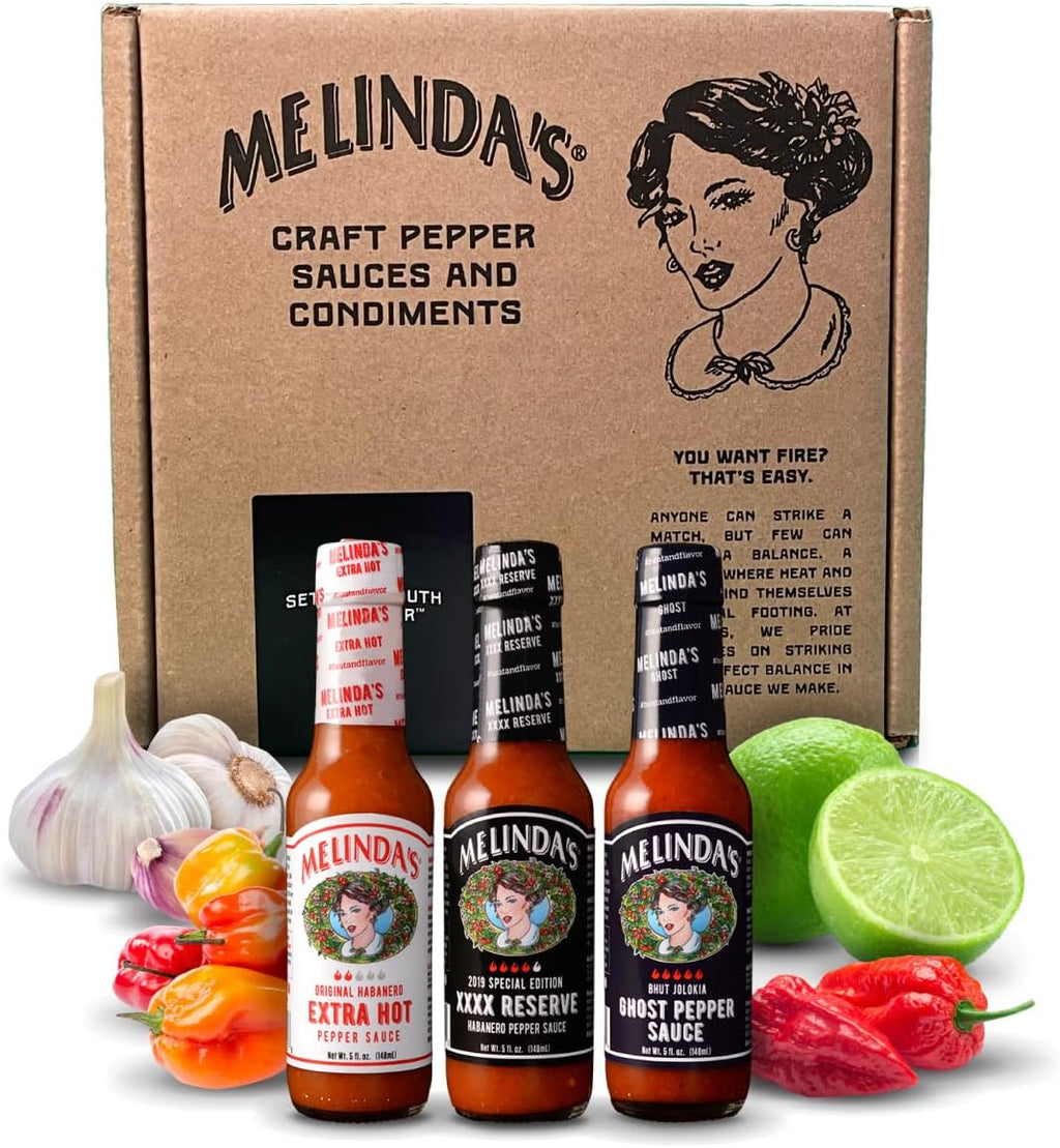 Melinda’s Hot Sauce Variety Pack - Extra Spicy Gourmet Hot Sauce Gift Set with Variety of Heat Levels - Includes Extra, XXXXtra Reserve, Ghost Pepper - 5 oz, 3 Pack