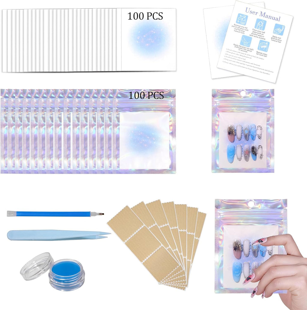 100PCS Press on Nail Packaging Bag, 100PCS Display Card with 231 Pcs Pre-cut Adhesive Tape & Diamond Art Pens & Glue Clay & Tweezers, 6-in-1 Set for Nail Display (Laser)