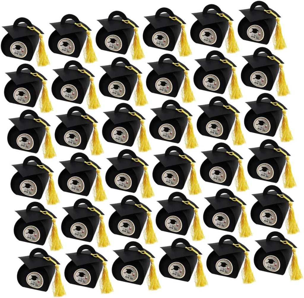 TINEASUR 50pcs Graduation Party Packaging Boxes Black Doctoral Cap Candy Case with White Label, Paper Favor Holder for Celebration Candy Wrap
