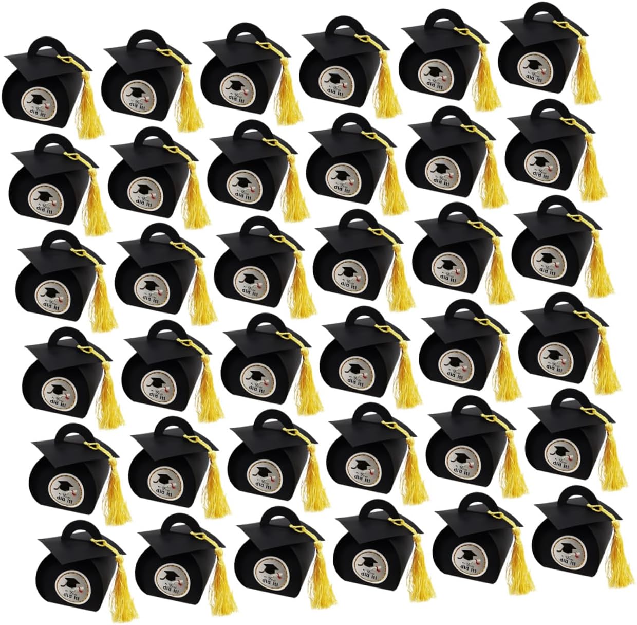 TINEASUR 50pcs Graduation Party Packaging Boxes Black Doctoral Cap Candy Case with White Label, Paper Favor Holder for Celebration Candy Wrap