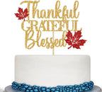 Thankful Grateful Blessed Cake Topper - Thanksgiving Cake Decor - Give Thanks, Happy Friends Giving, Thanksgiving Party Decorations, Gold and Red Glitter
