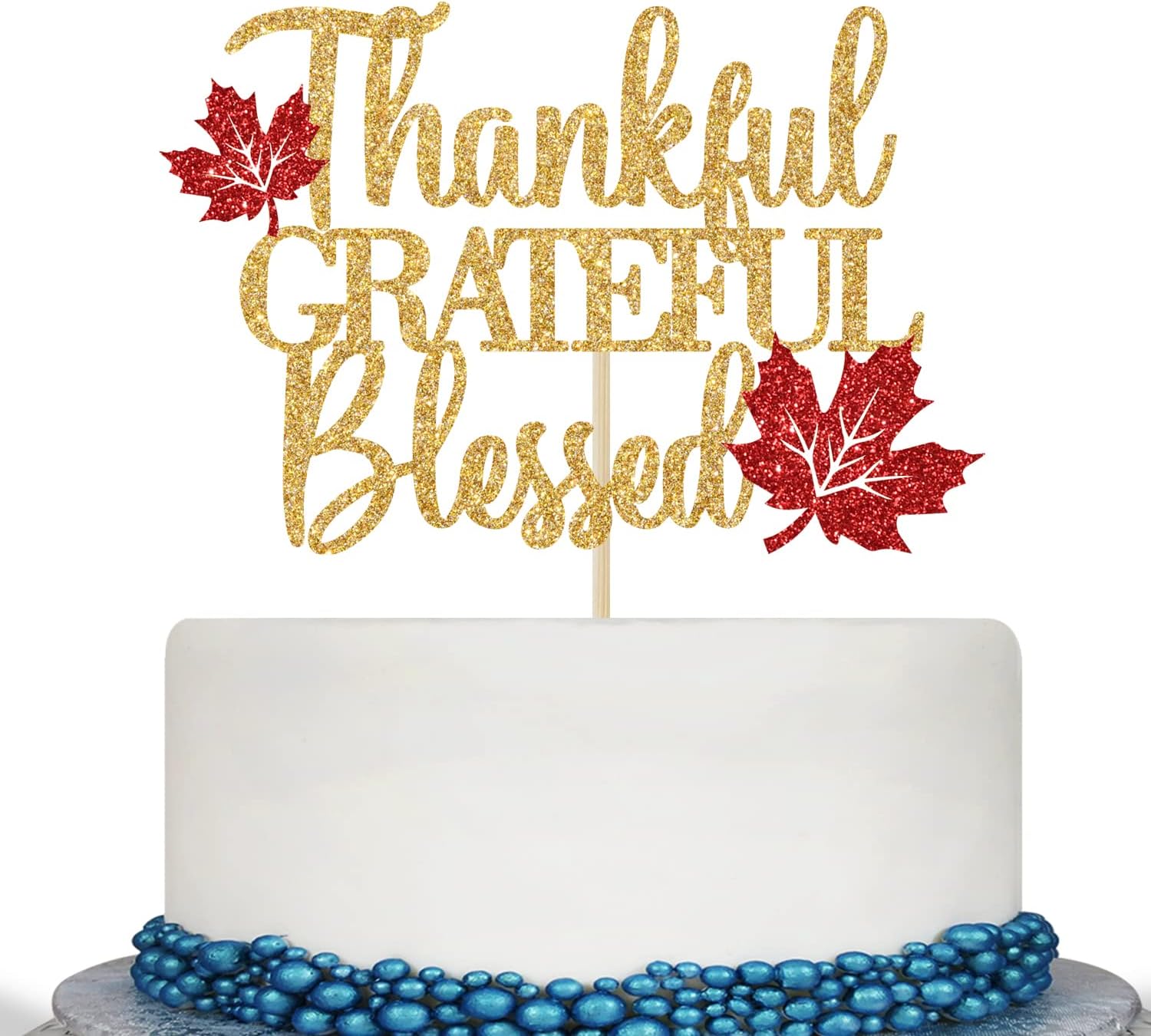 Thankful Grateful Blessed Cake Topper - Thanksgiving Cake Decor - Give Thanks, Happy Friends Giving, Thanksgiving Party Decorations, Gold and Red Glitter