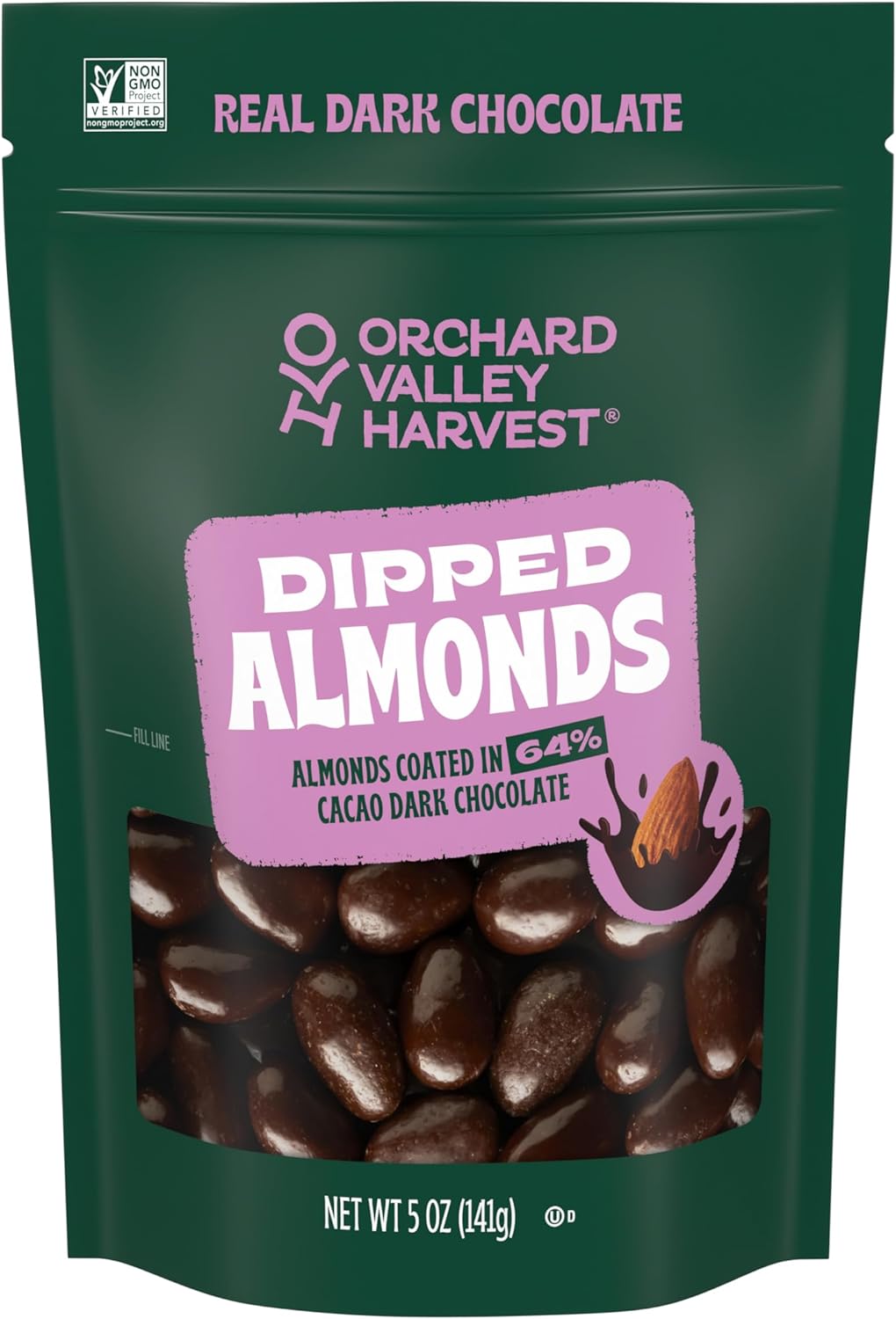 Orchard Valley Harvest Dark chocolate Dipped Whole California Almonds, 5 oz (Pack of 1), Gluten Free, Non-GMO Project Verified, Stand Up Bag, No Artificial Colors or Flavors, On-The-Go Snack For The Whole Family