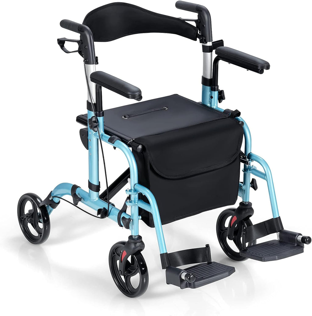 GYMAX 2 in 1 Folding Rollator Walker, 4-Wheel Aluminum Walker with Reversible Backrest, Adjustable Height & Cane/Umbrella Holder, Portable Rolling Wheelchair for Adults Seniors (Navy)