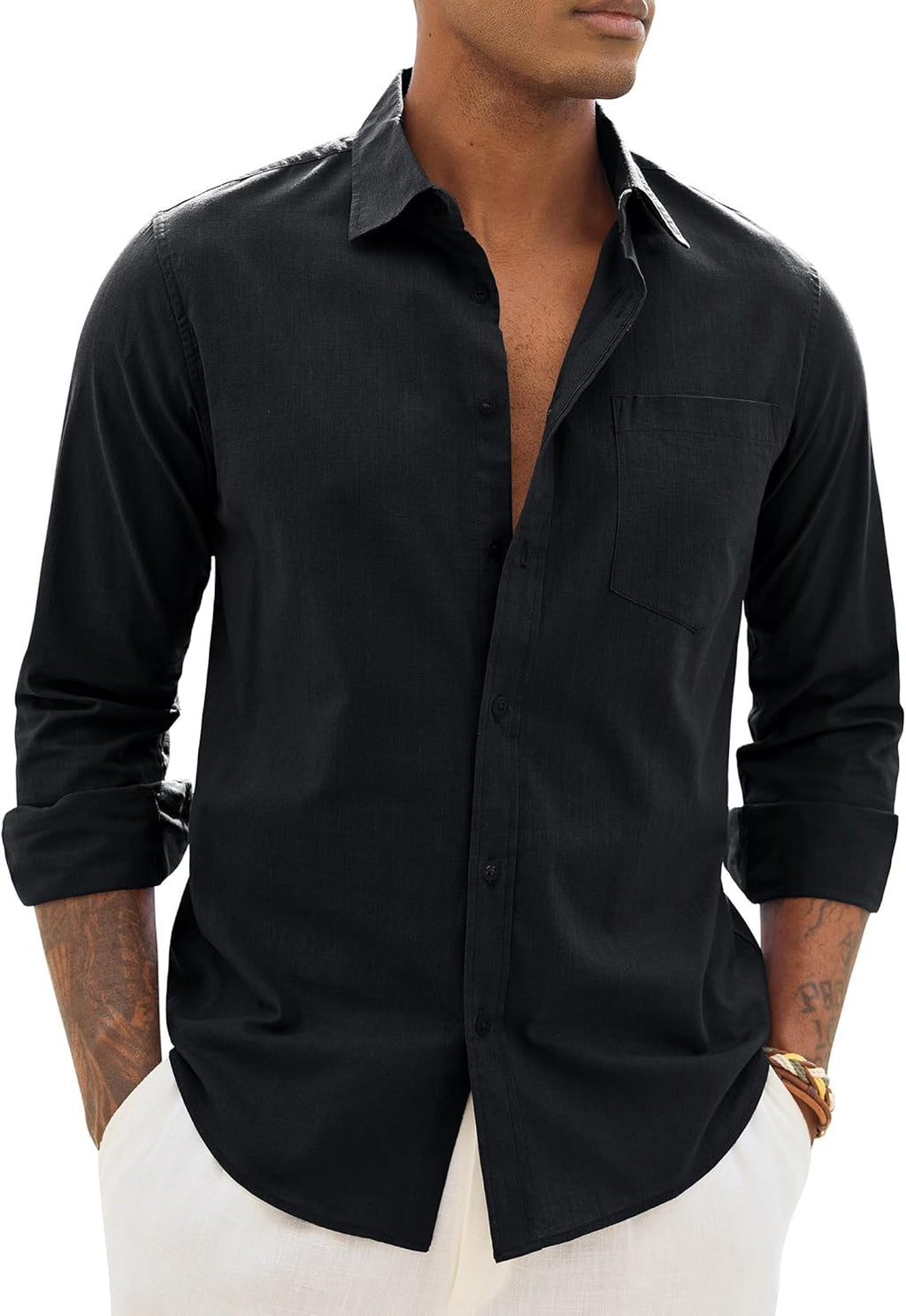 Alimens & Gentle Linen Shirts for Men Long Sleeve Casual Cotton Button Down Shirts Summer Beach Wedding Tops with Pocket