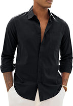 Alimens & Gentle Linen Shirts for Men Long Sleeve Casual Cotton Button Down Shirts Summer Beach Wedding Tops with Pocket