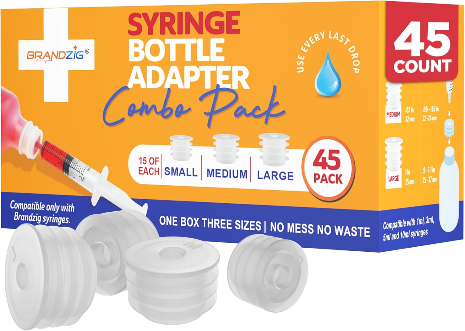 Medicine Bottle Syringe Adapter For Oral Dispensers 45 Pieces 3 Sizes (15 each size) | Press In Bottle Adapter for Liquid Medication | Only Fits Brandzig 1ml, 3ml, 5ml & 10ml Syringes