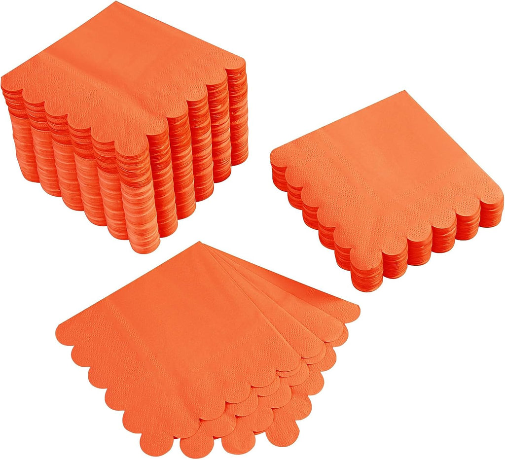 200 Pack Cocktail Napkin 2-Ply Scalloped Edged Dessert Napkins Folded 5 x 5 Inches Disposable Napkins for Dinner Wedding Birthday Party Bridal Anniversary Reception Event (Orange)