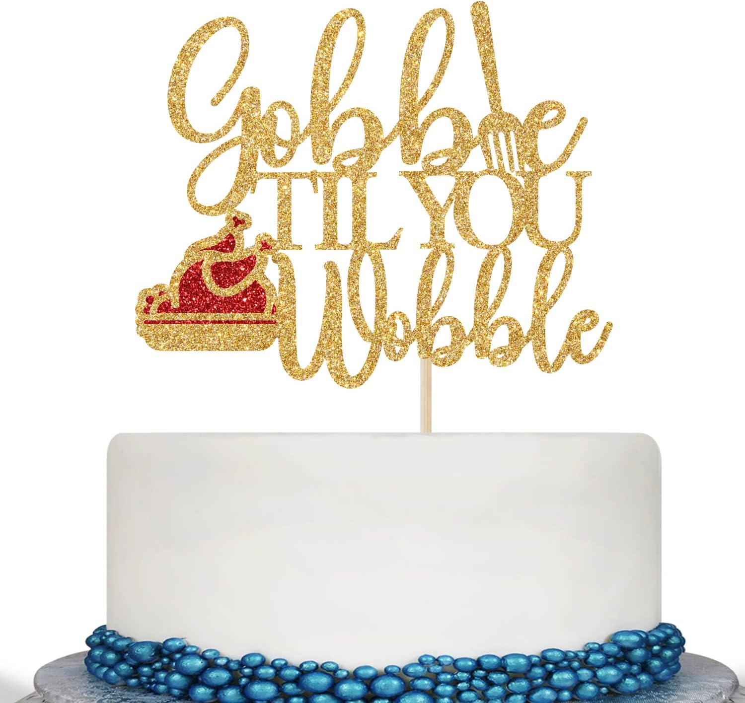 Gobble Til You Wobble Cake Topper, Thanksgiving Cake Decorations, Happy Friends Giving, Turkey Day Thanksgiving Party Decorations Gold Glitter