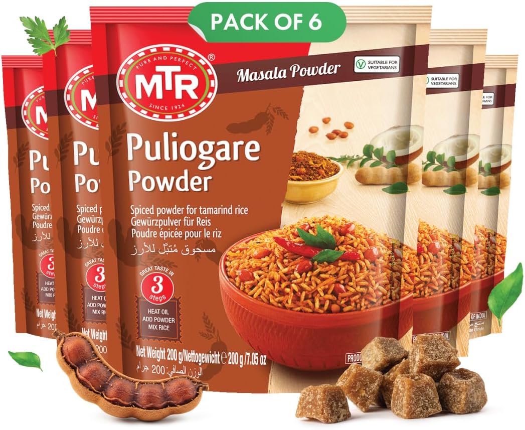 MTR Puliogare Powder – Authentic Indian Spice Blend of Tamarind, Coconut, Red Chilli, Jaggery, Peanuts, Coriander, Curry leaves and Sesame – Ideal for Tamarind Rice in 3 Easy Steps – Pack of 6