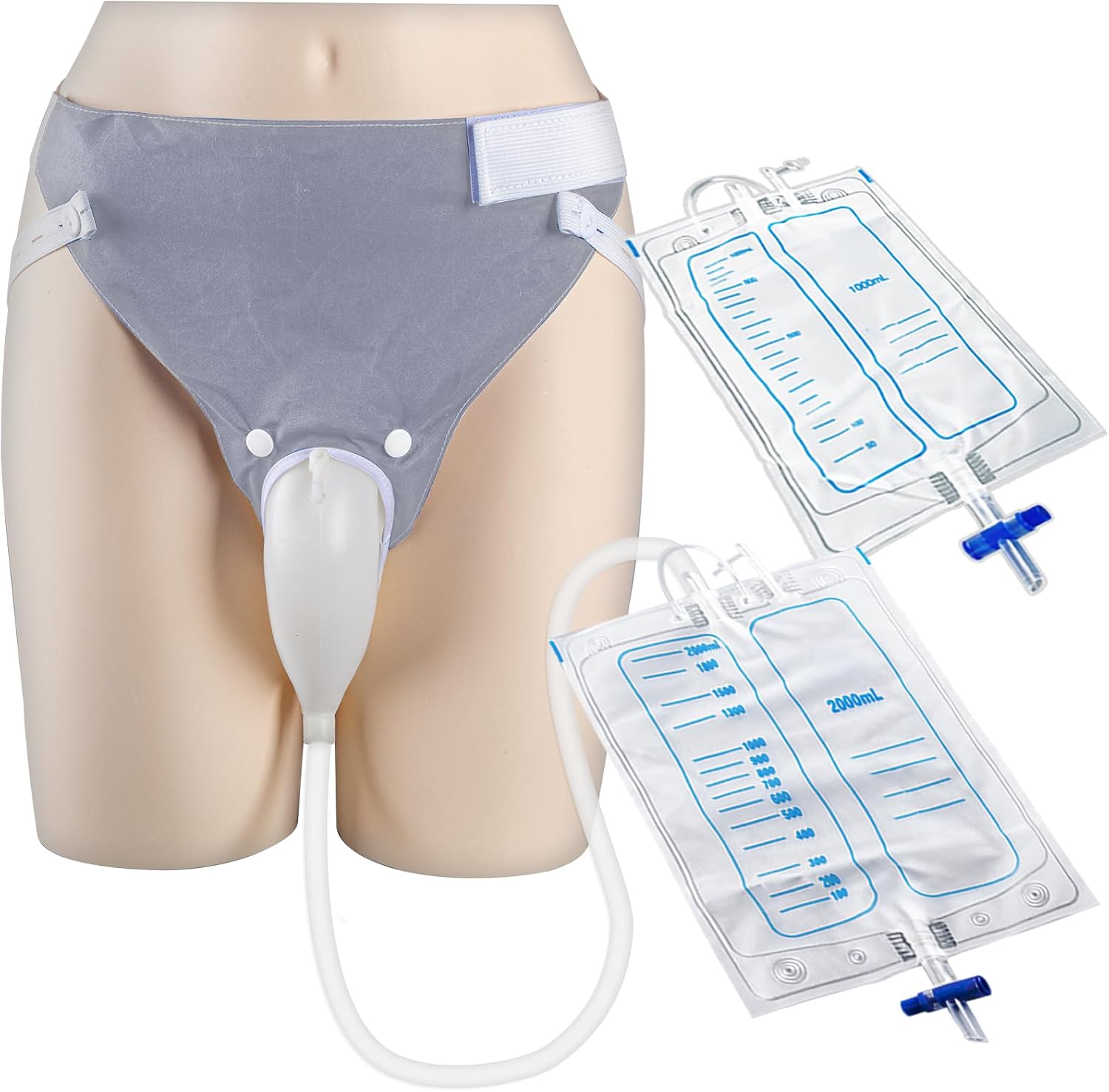 Wearable Urine Collector for Men with Silicone Urine Cup Adjustable Support Pants and Dual Urinary Bags 2000ml Night Use and 1000ml Day Use External Catheter for Men, Elderly Men Grey
