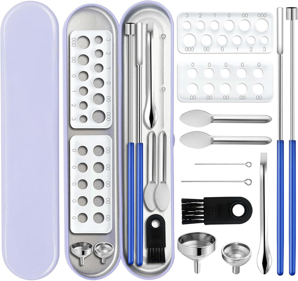 Capsules Filling Machine Tray Kit - 12Pcs Powder Tamper Capsule Holder Filler Maker Tool - Empty Gel Lab Scoops Tiny Spatula Micro Spoon Funnel Quick Fill Tools Size #000 00 0 1 2 3