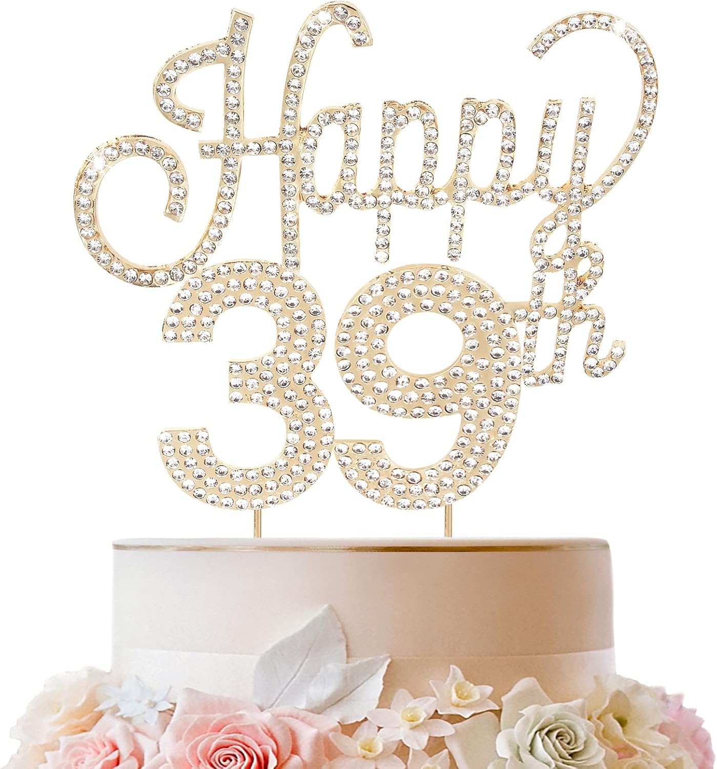 LINGTEER Happy 39th Birthday Gold Rhinestone Cake Topper - Cheers to 39th Birthday 39 Years Old Anniversary Party Cake Centerpieces Topper Decorations Gift Sign.