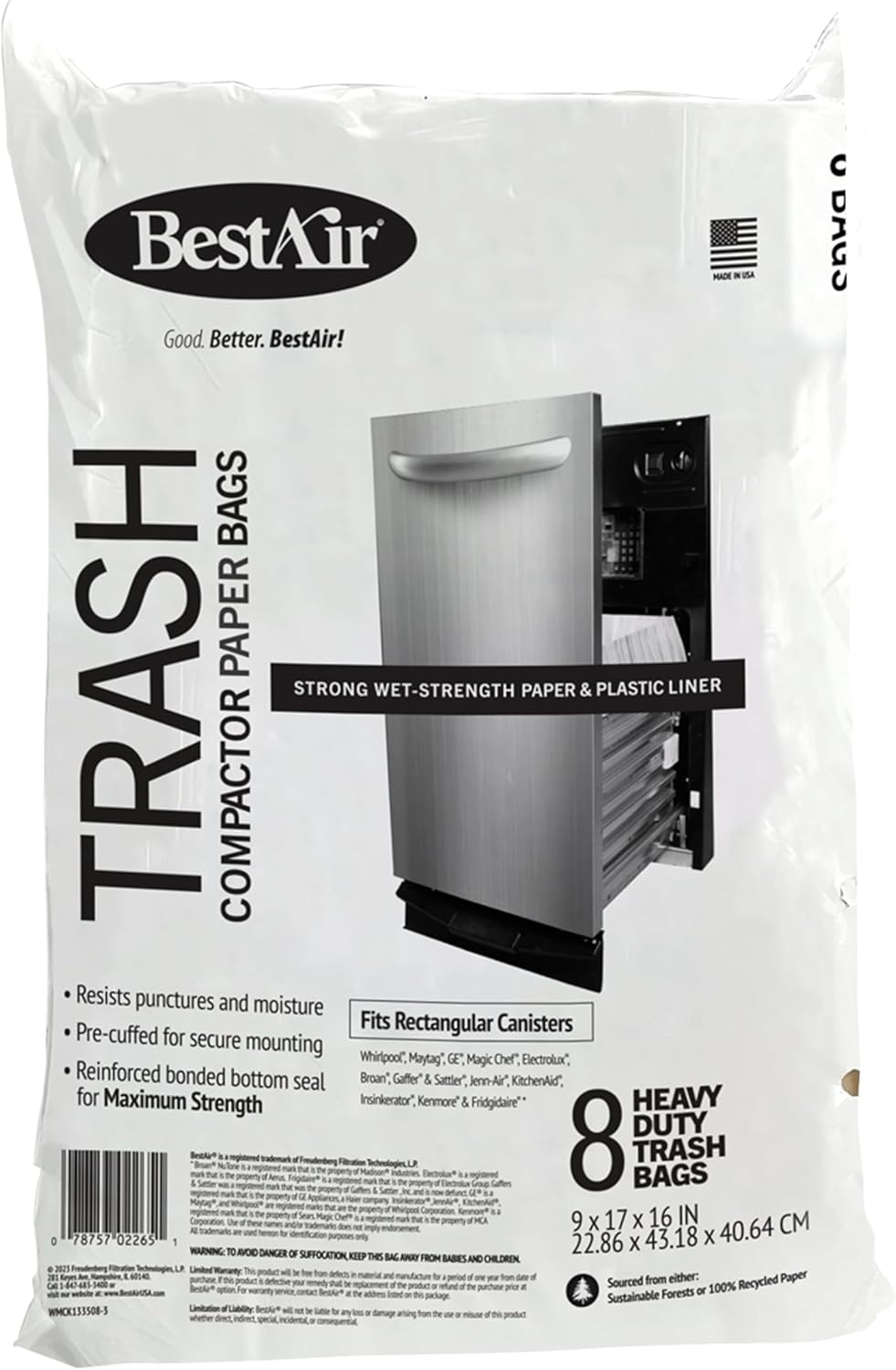 BestAir Heavy Duty Trash Compactor Bags (8-Pack) | Reinforced Bottom Seal | Wet-Strength Paper with Plastic Liner | Pre-Cuffed Flat Top for Secure Fit | 10-Gallon Capacity | 9" x 17" x 16"