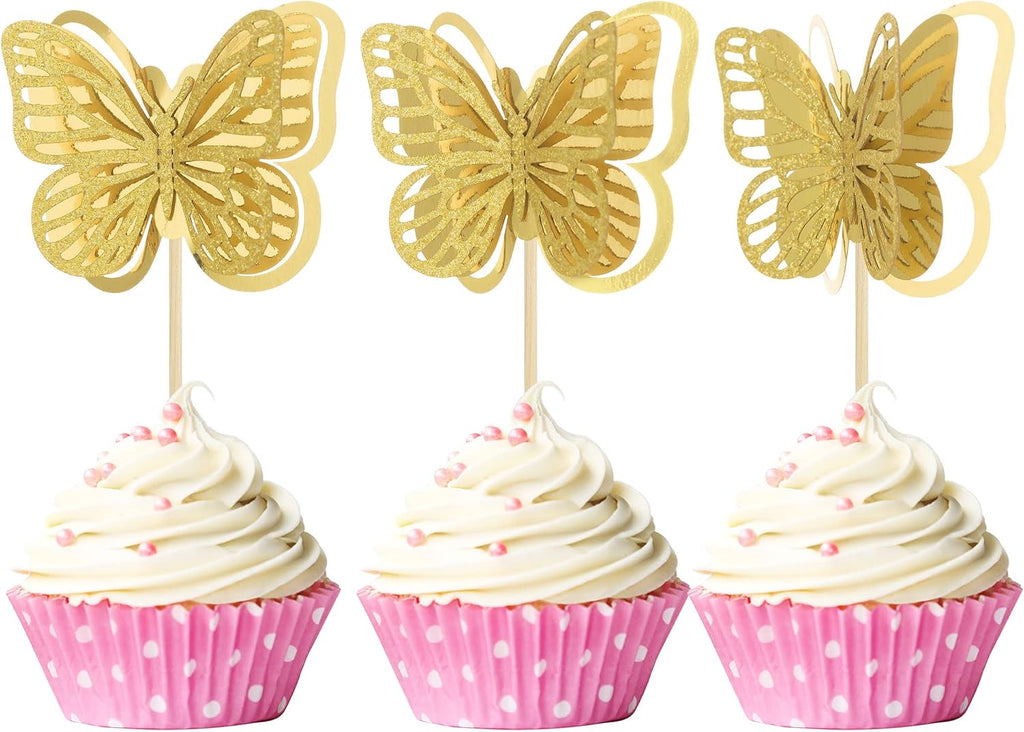 Gyufise 24 Pack 3D Butterfly Cupcake Toppers Assembled Double Layers Gold Glitter Butterfly Cupcake Picks Decorations for Baby Shower Kids Birthday Party Supplies