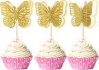 Gyufise 24 Pack 3D Butterfly Cupcake Toppers Assembled Double Layers Gold Glitter Butterfly Cupcake Picks Decorations for Baby Shower Kids Birthday Party Supplies