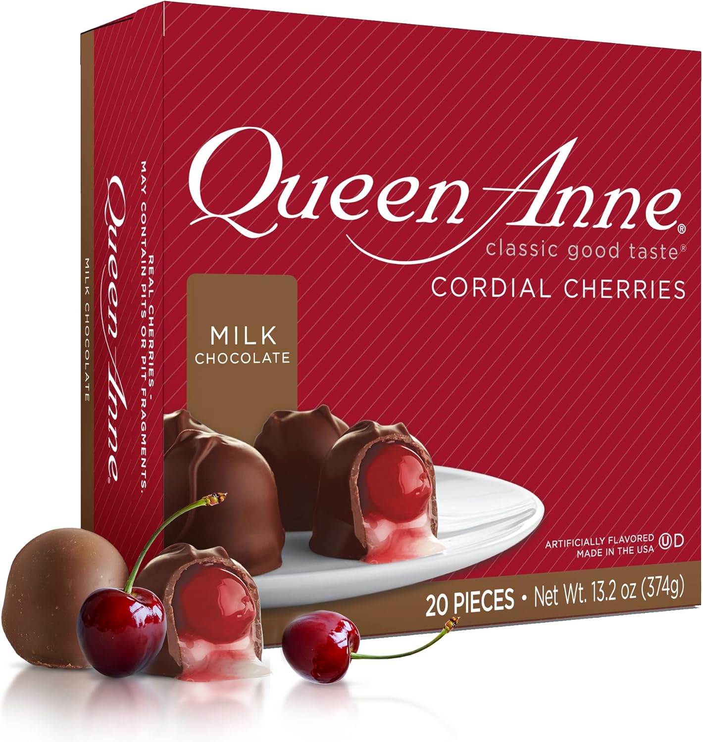 Queen Anne Milk Chocolate Covered Cordial Cherries | 13.2 oz | 20 Piece Gift Box | Whole Maraschino Cherry Creamy Filled Liquid Center | Holiday Party Chocolate Candy