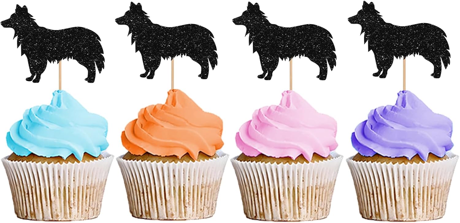 24PCS Border Collie Cupcake Toppers, Funny Dog Cupcake Toppers, Border Collie Cupcake Picks for Birthday, Pet Dog Themed Birthday Party Decoration - Black Glitter