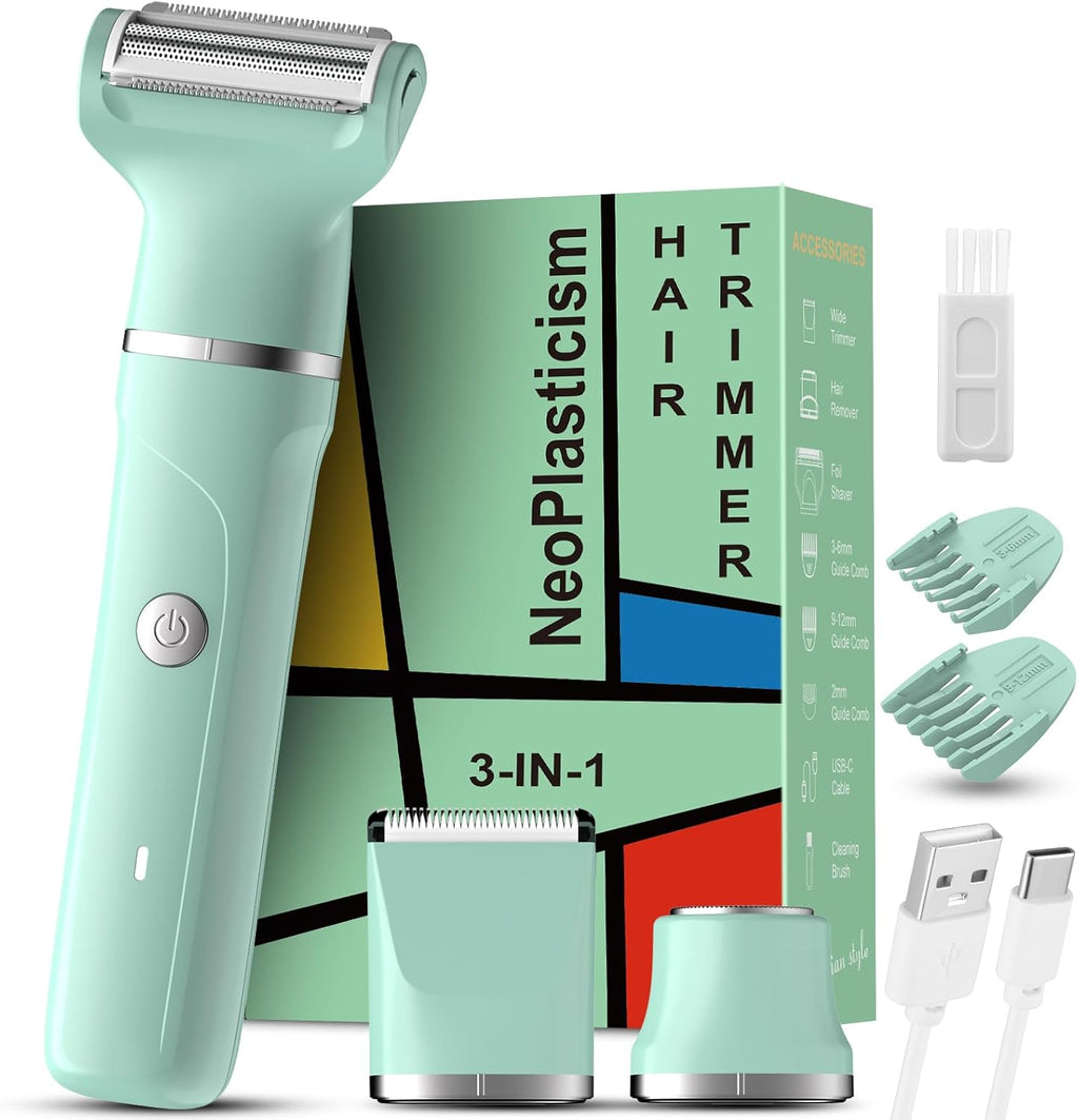 AREYZIN Bikini Trimmer for Women, 3-in-1 Electric Shaver for Women, Electric Razors and Body Shaver, IPX7 Waterproof, USB-C Charging, Travel Trimmer for Face, Legs, Bikini Line & Foil, Light Green