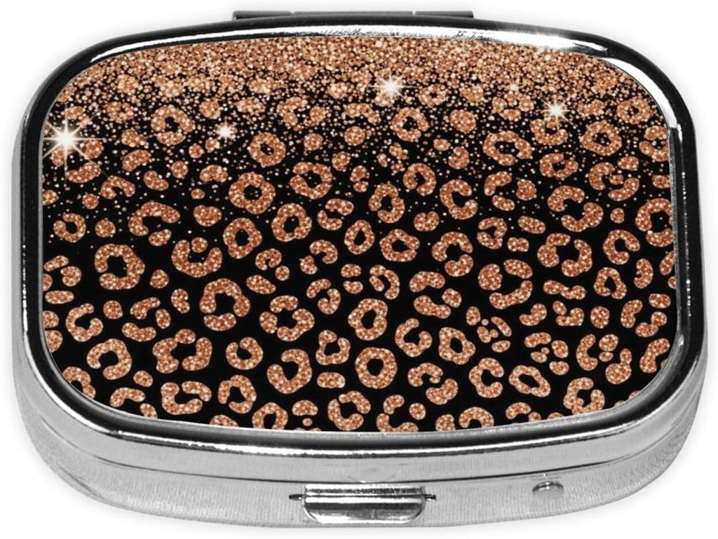 2 Compartments Travel Pill Organizer Box Small Pill Case for Pocket Purse Daily Pill Holder Container for Medicine Vitamin (Rose Gold Glitter Black Cheetah Leopard Print)