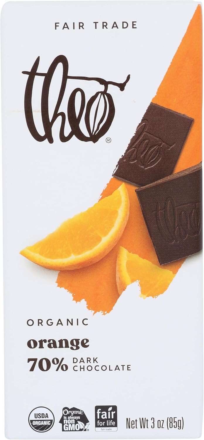 Theo Orange Organic Dark Chocolate Bar, 70% Cacao, 1 Bar | Vegan, Fair Trade