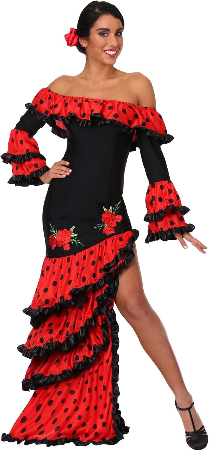 Fun Costumes Women's Spanish Senorita Costume, Red and Black Spanish Dancer Dress, Spain Celebration Dress Halloween Outfit