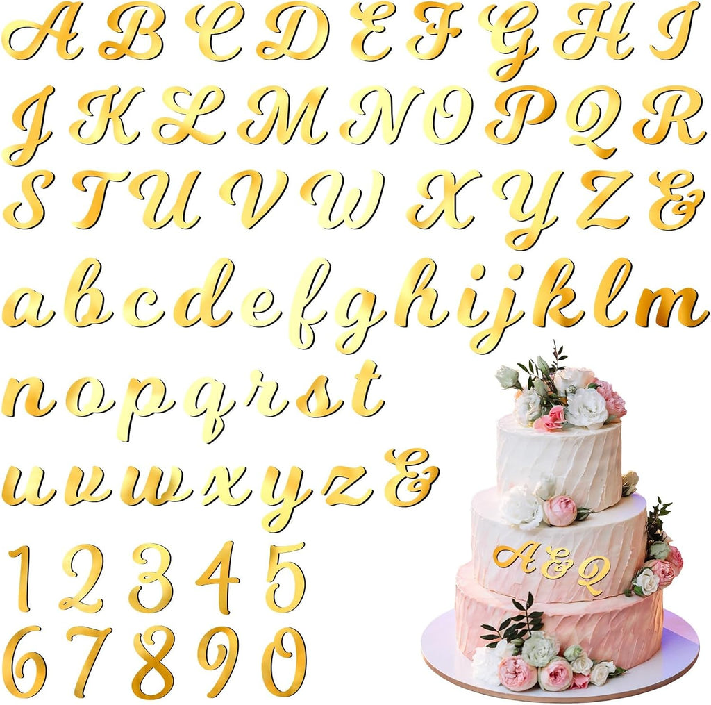 Jspupifip 64 Pcs Acrylic Cake Alphabet Numbers Topper, Mirror Number 0-9 and Alphabet A-Z Personalized Cake Picks Decor Anniversary Wedding Baby Shower Party Supplies(Gold)