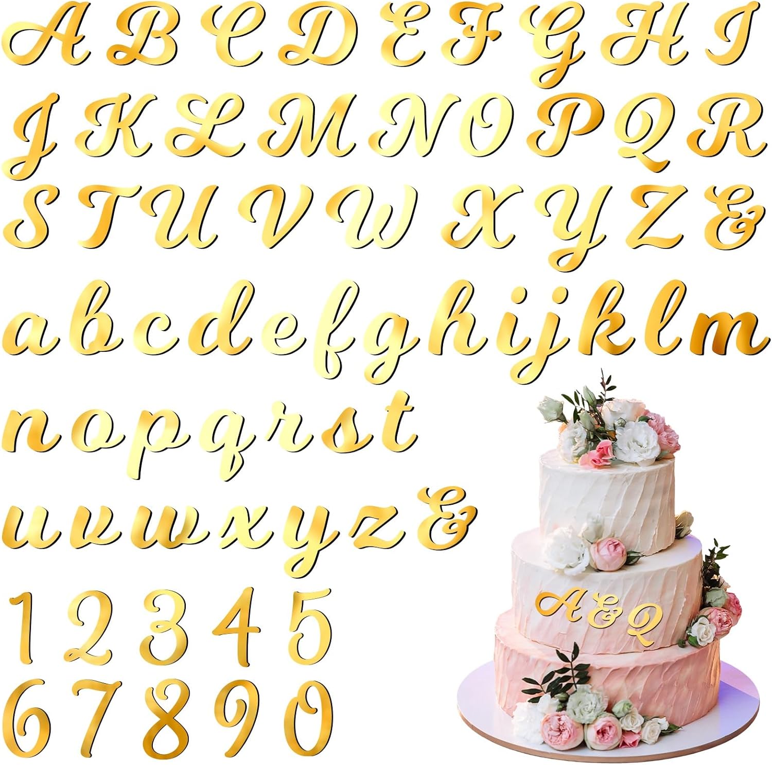 Jspupifip 64 Pcs Acrylic Cake Alphabet Numbers Topper, Mirror Number 0-9 and Alphabet A-Z Personalized Cake Picks Decor Anniversary Wedding Baby Shower Party Supplies(Gold)