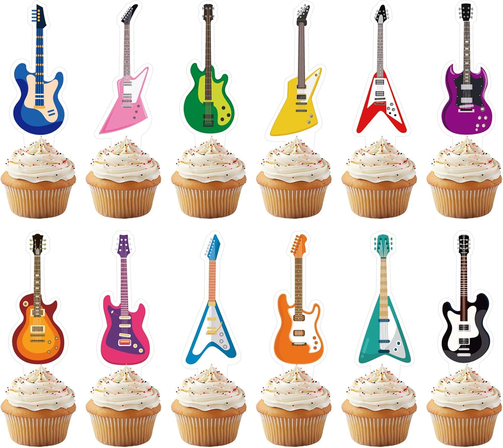 36PCS Guitar Cake Cupcake Toppers Music Lover's Birthday Rock and Roll Party Decorations Baby Shower Supplies