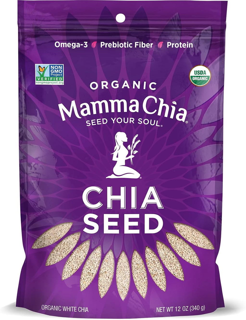 Mamma Chia Organic Seeds, White, 12 Ounce (Pack of 1). USDA Organic, Non-GMO, Vegan, Gluten Free, and Kosher.
