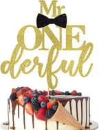 Mr Onederful Cake Topper,Baby Boy 1st Birthday Cake Topper, Bow Tie First Birthday Boy Baby Shower Party Cake Decorations Supplies (Gold Glitter)