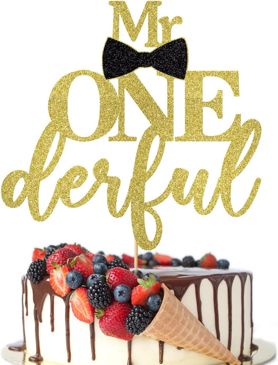 Mr Onederful Cake Topper,Baby Boy 1st Birthday Cake Topper, Bow Tie First Birthday Boy Baby Shower Party Cake Decorations Supplies (Gold Glitter)