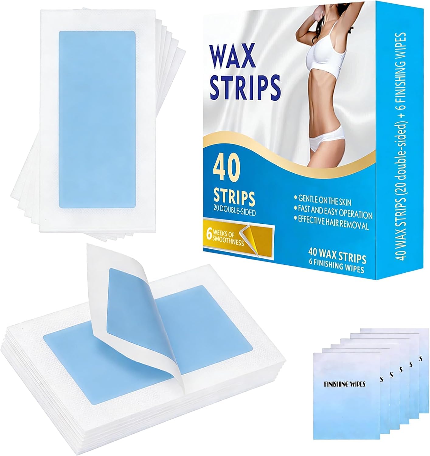 Face Wax Strips for Hair Removal, 40 Facial Waxing Strips for Women with Sensitive Skin, Gentle & Fast At-Home Wax Strips for Face & Body, Upper Lip, Arm, Leg, Bikini Line (Blue)