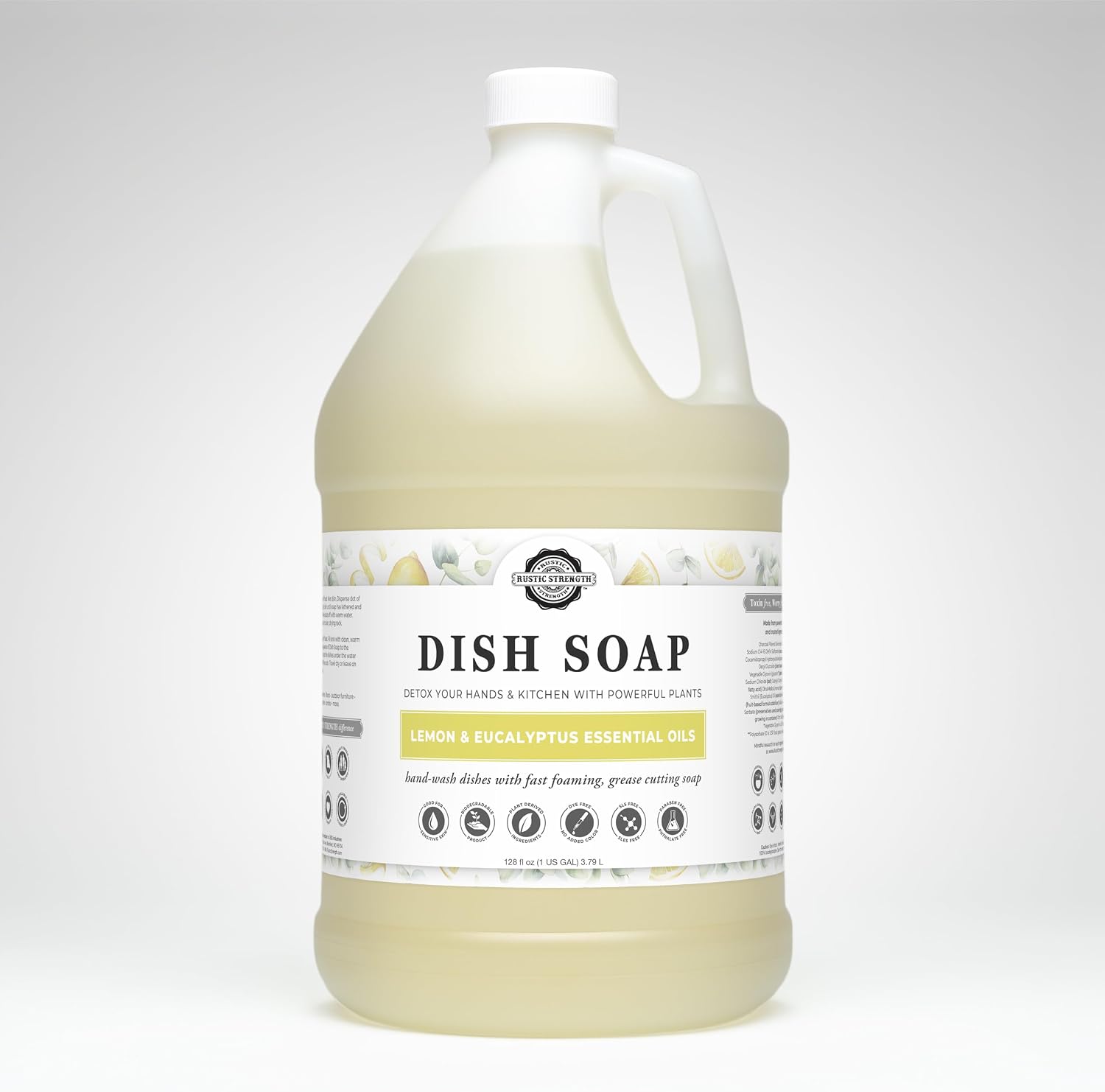 Rustic Strength Natural Dish Soap, Lemon & Eucalyptus, High-Lathering, Concentrated, Biodegradable, Plant-Based Formula, 1 Gallon Plastic