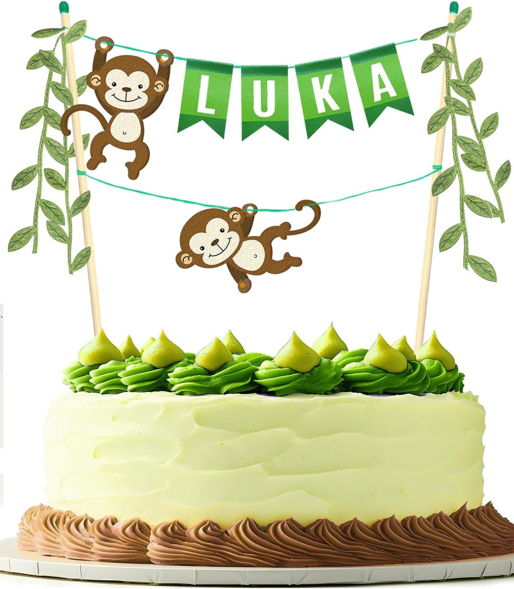 Safari Animal Cake Topper – Custom Name Monkey Cake Topper, Jungle & Zoo Birthday Banner for Kids, Smash Cake, Wild One or Safari Party Decorations