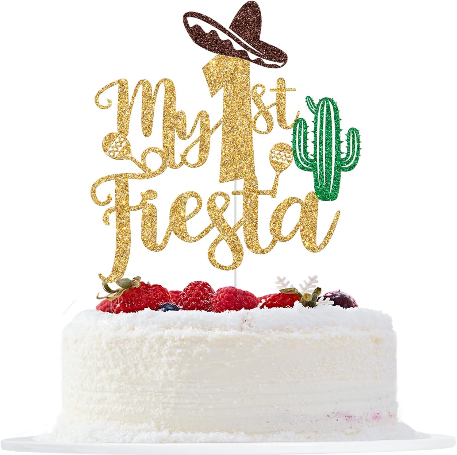 My 1st Fiesta Cake Topper, Mexican Baby's 1st Birthday Cake Decorations, Mexican Fiesta Themed Baby Shower First Birthday Party Decorations Gold Glitter