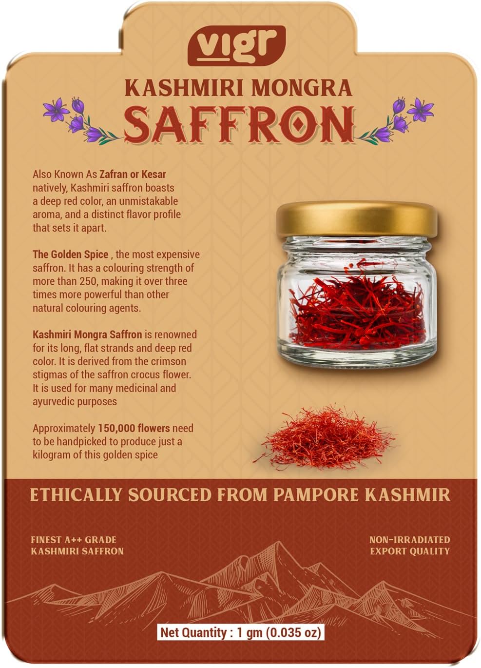 Vigr Single Origin Kashmiri Mongra Saffron (Kesar) - Farm Direct from Pampore, Lab Tested & AYUSH Certified, Grade A++, 100% Pure Handpicked Threads, Highest Crocin Content (1g (0.035 oz))