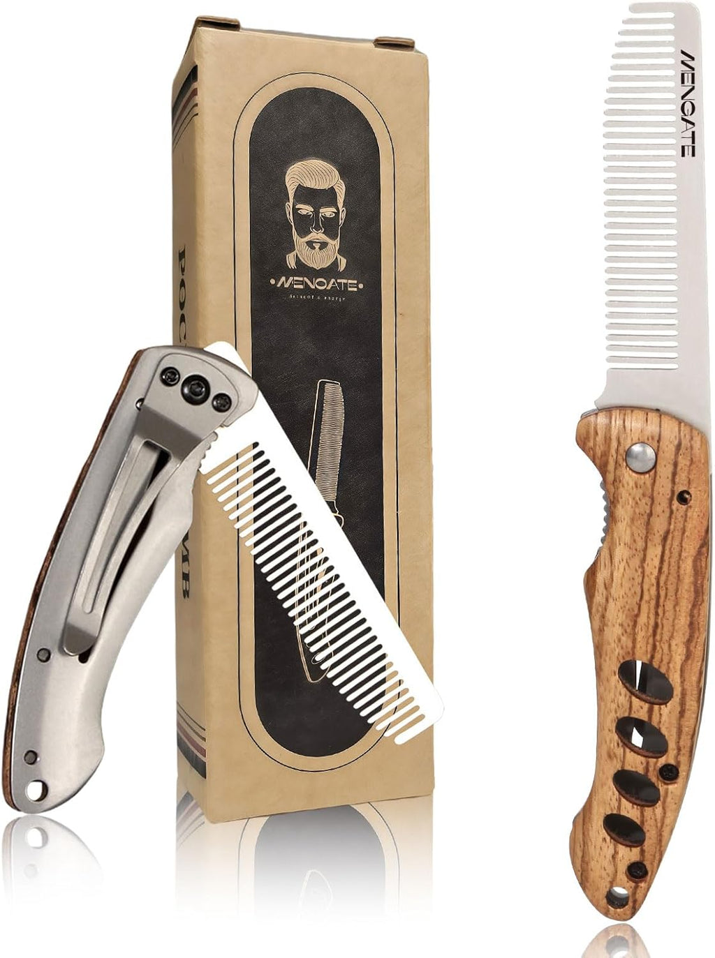 1PC Small Folding Pocket Beard & Mustache & Hair Styling Comb for Men - Metal Tactical Grooming Tool with Wooden Handle, with 180° Rotatable for Outdoor Travel & Home Use - Length 6.57inch