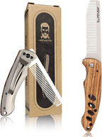 1PC Small Folding Pocket Beard & Mustache & Hair Styling Comb for Men - Metal Tactical Grooming Tool with Wooden Handle, with 180° Rotatable for Outdoor Travel & Home Use - Length 6.57inch