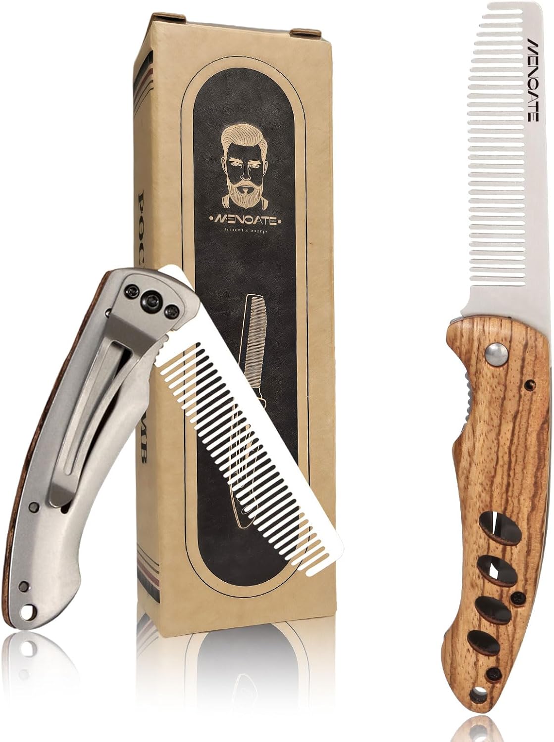 1PC Small Folding Pocket Beard & Mustache & Hair Styling Comb for Men - Metal Tactical Grooming Tool with Wooden Handle, with 180° Rotatable for Outdoor Travel & Home Use - Length 6.57inch