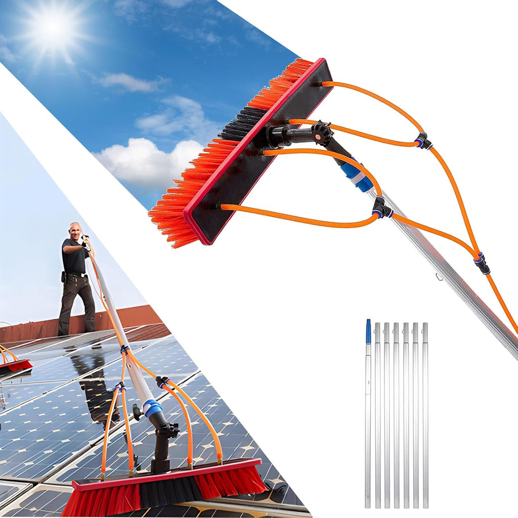50FT Water Fed Pole Kit with Extendable Telescopic Aluminum Pole and Brush for Outdoor Window Cleaning Ideal for Solar Panel Cleaning and Washer Spray