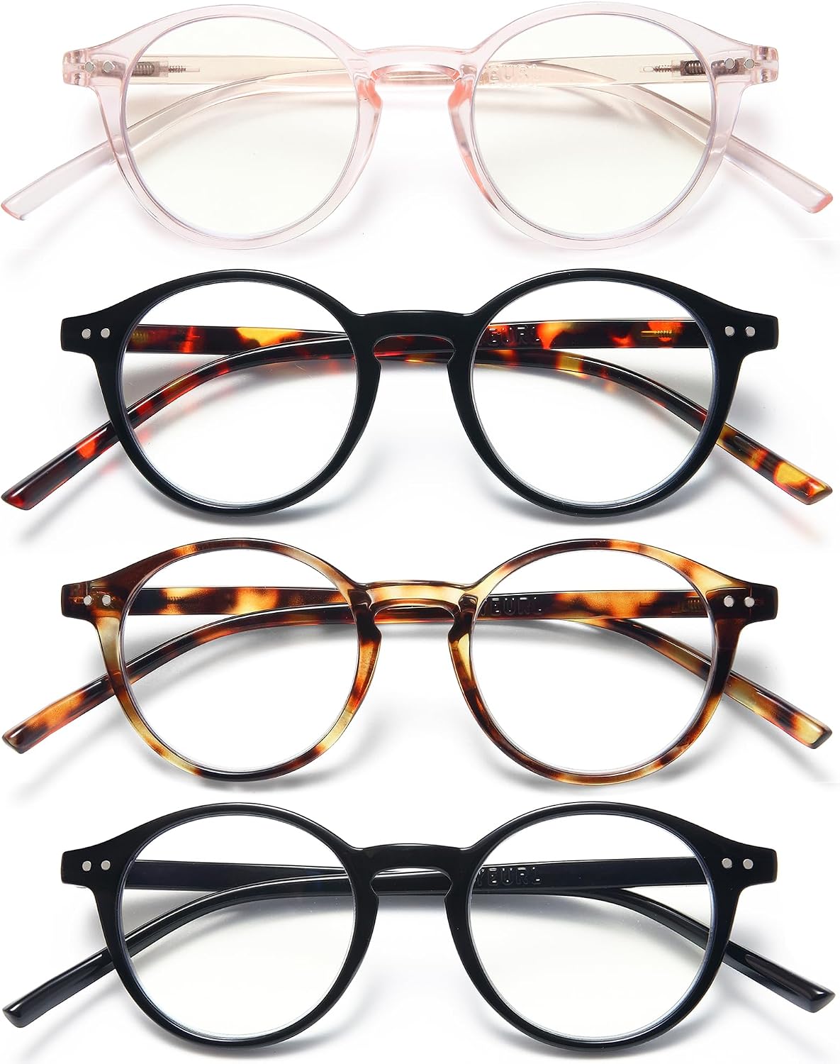 EYEURL 4-Pack Round Reading Glasses for Women Men Blue Light Glasses Retro Round Computer Readers With Spring Hinges Anti Glare Filter Lightweight Eyeglasses 0.5