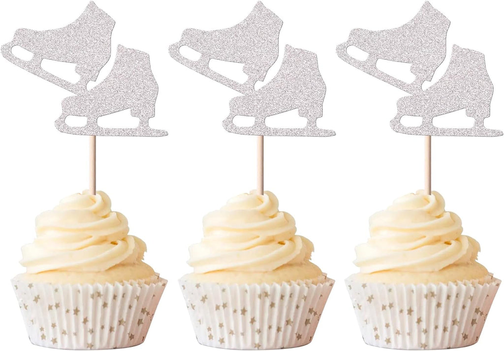 Rsstarxi 24 Pack Ice Skating Cupcake Toppers Glitter Ice Sports Theme Cupcake Picks Baby Shower Cake Decorations for Skating Theme Kids Birthday Party Supplies Silver