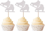 Rsstarxi 24 Pack Ice Skating Cupcake Toppers Glitter Ice Sports Theme Cupcake Picks Baby Shower Cake Decorations for Skating Theme Kids Birthday Party Supplies Silver