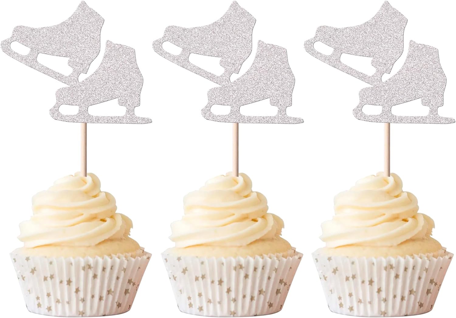 Rsstarxi 24 Pack Ice Skating Cupcake Toppers Glitter Ice Sports Theme Cupcake Picks Baby Shower Cake Decorations for Skating Theme Kids Birthday Party Supplies Silver