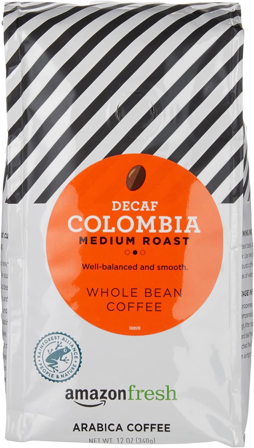 Amazon Fresh Decaf Colombia Whole Bean Coffee, Medium Roast, 12 Ounce