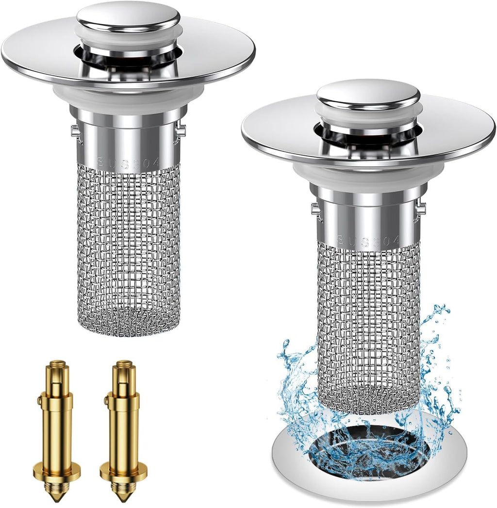 Vakabiu 2024 New Pop Up Bathroom Sink Drain Strainer Hair Catcher, Sink Drain Stopper with Removable Stainless Steel Filter Basket,for US Bathroom Sink Stopper Replacement (2PCS)